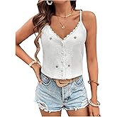 SweatyRocks Women's Adjustable Spaghetti Strap Lace Trim Cami Top Heart Embroidery Casual Tank Tops