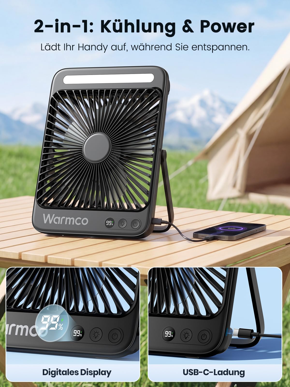 Warmco D4 Akku Camping Ventilator 20000mAh, LED-Lampe, 48 Std. Laufzeit 6