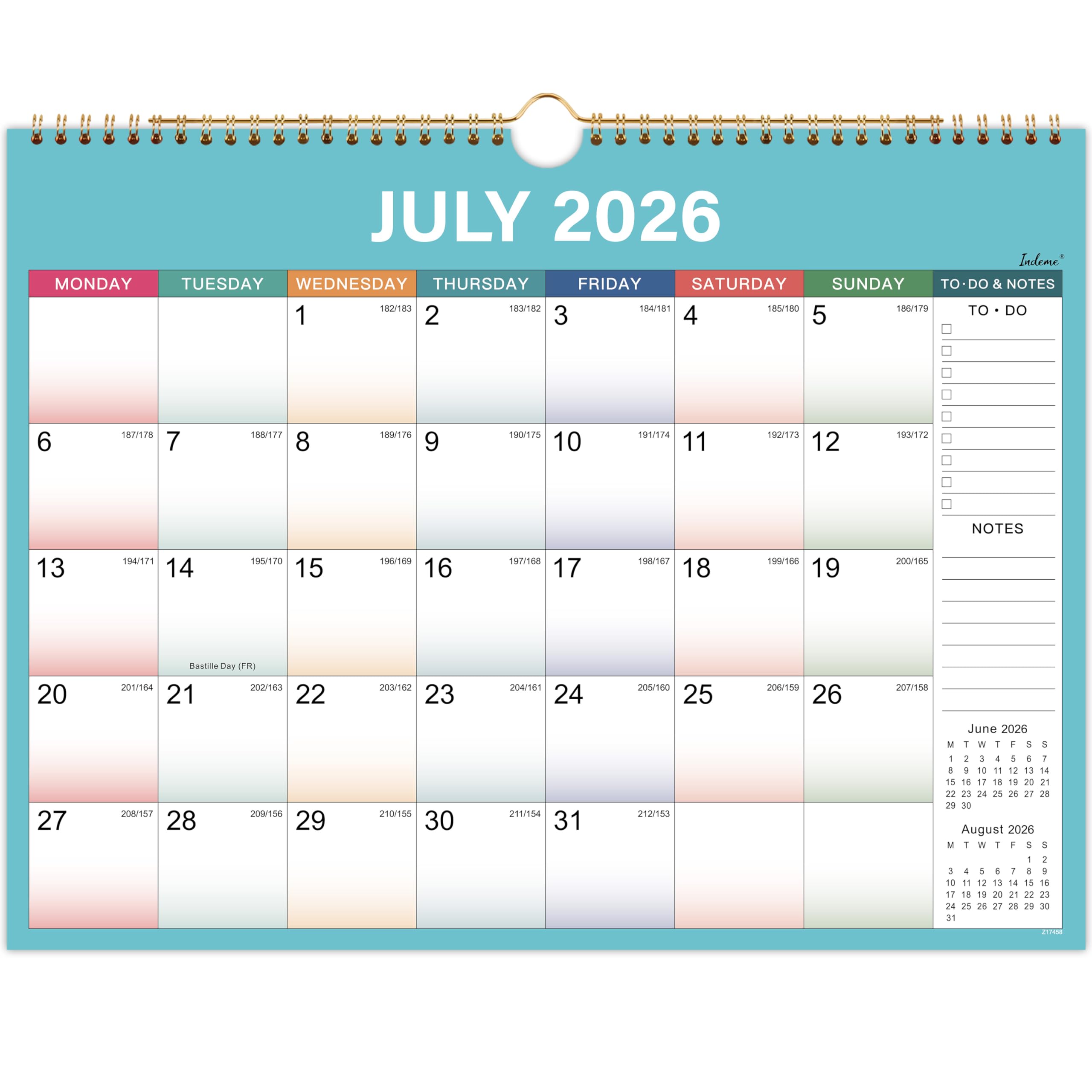 Calendar 2026-2027 - Wall Calendar 2026-2027 with Thick Paper, Calendar UK, July 2026 - December 2027, calendar month to view, Twin-Wire Binding Hanging Hook Large Mixed Color Ruled Blocks
