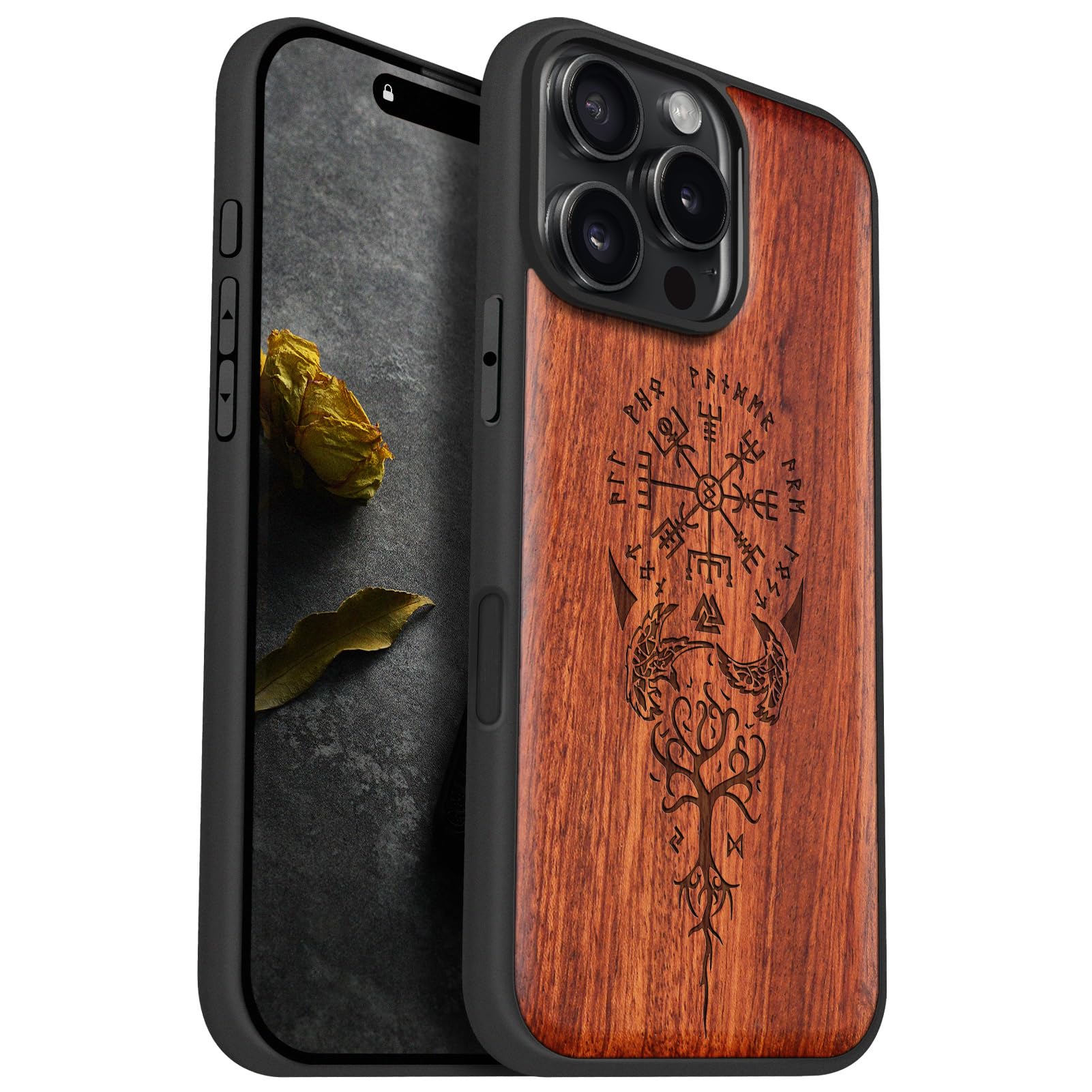 Carveit Magnetic Wooden Case for iPhone 16 Pro Max Case Solid Wood & Black Soft TPU Shockproof Protection Compatible with MagSafe Wireless Chargers (The Guiding Vegvisir) Rosy