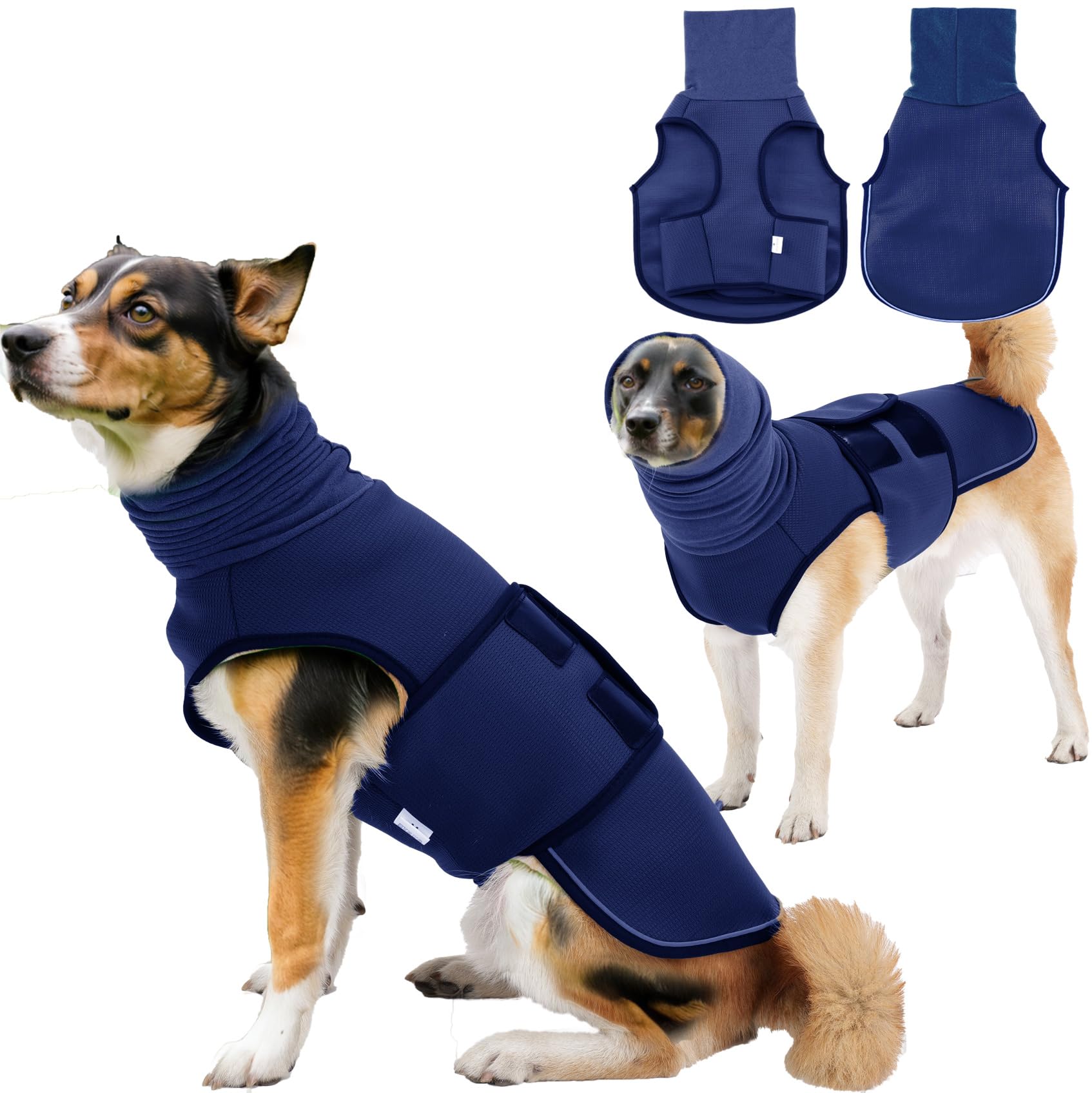 TOPSOSO Dog Anxiety Jacket Turtleneck High Collar Calming Hoodie Breathable Mesh Adjustable Touch Fastener Anxiety Relief with Reflective Strips - Keep Calm Anxious and Nervous Dog (Navy XS)