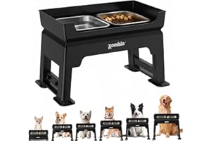 ZOMISIA 3-in-1 Elevated Dog Bowls Dual Level - Mess Free Dog Feeding Station 6.7" to 15.9", 6 Heights Adjustable Bowl Stand, Including 2 Stainless Steel Bowls, Slow Feeder & Lick Plate, Medium to Large Pets