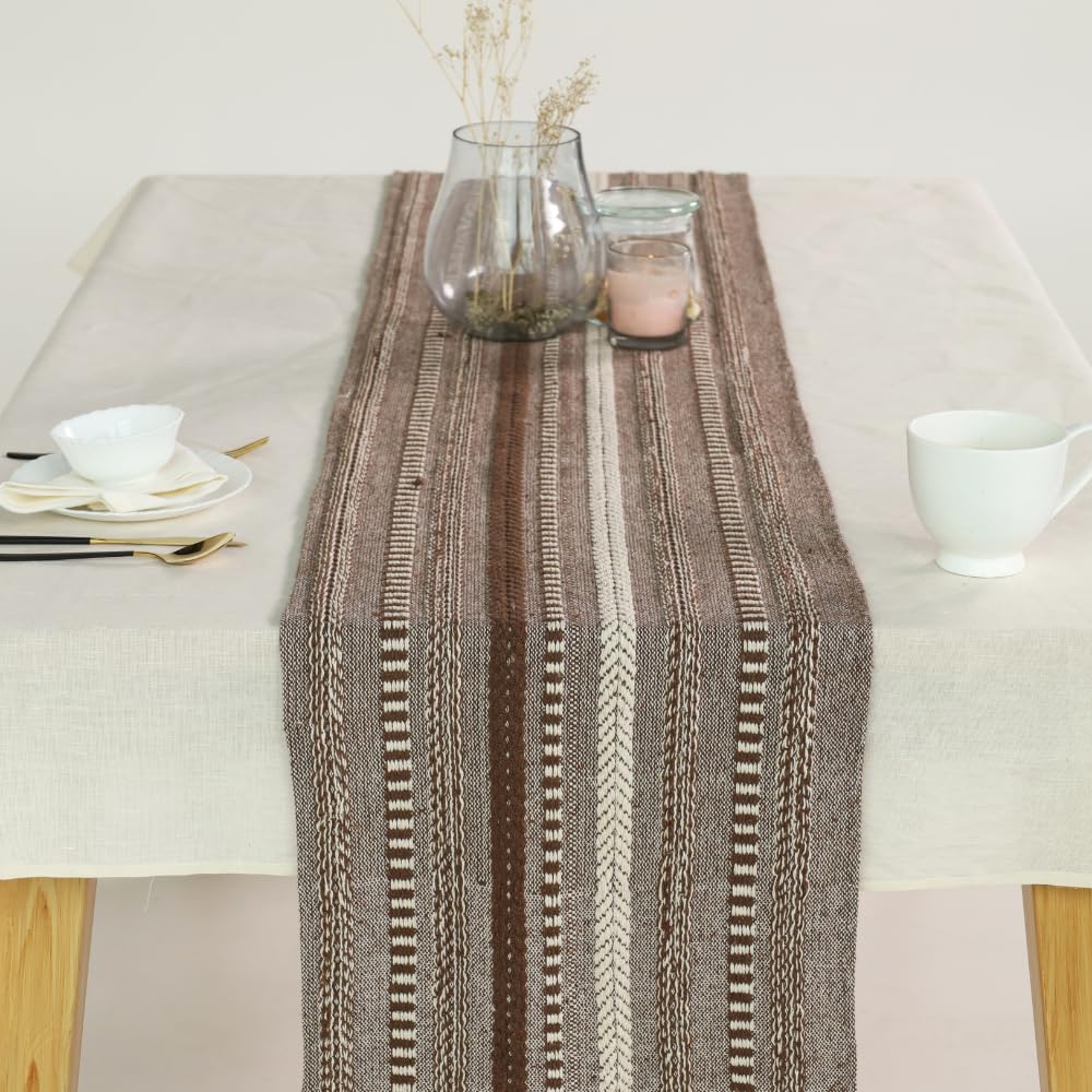 The Art Box Boho Cotton Fabric Table Runner Brown - 14x72 inch Morden Farmhouse Braided Stripe Kitchen Dining Table Runner Tassel for Wedding Home Decor