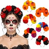 Hoteam 6 Pcs Day of the Dead Headbands Marigold Flower Crown | Mexican Dia De Los Muertos Party Accessory, Butterfly Decorated Headpiece for Women, Vibrant Marigold Floral Design