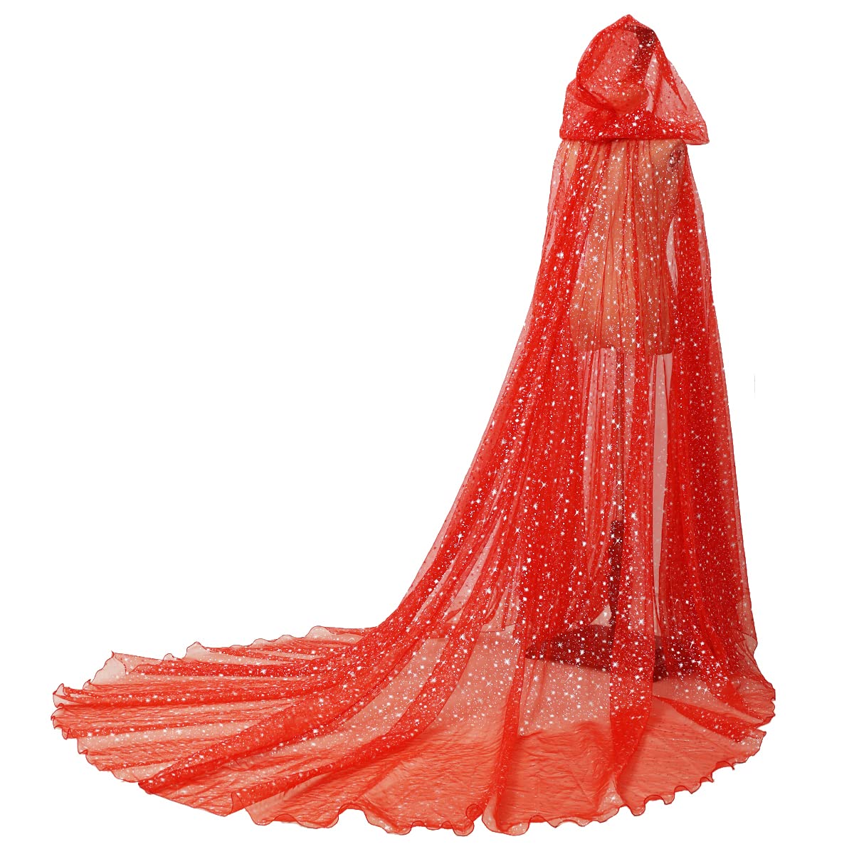 GRACEART Women Wedding Hooded Tulle Cape Shiny Bridal Dress Elf Cloak Robe with Long Back Train — image 1