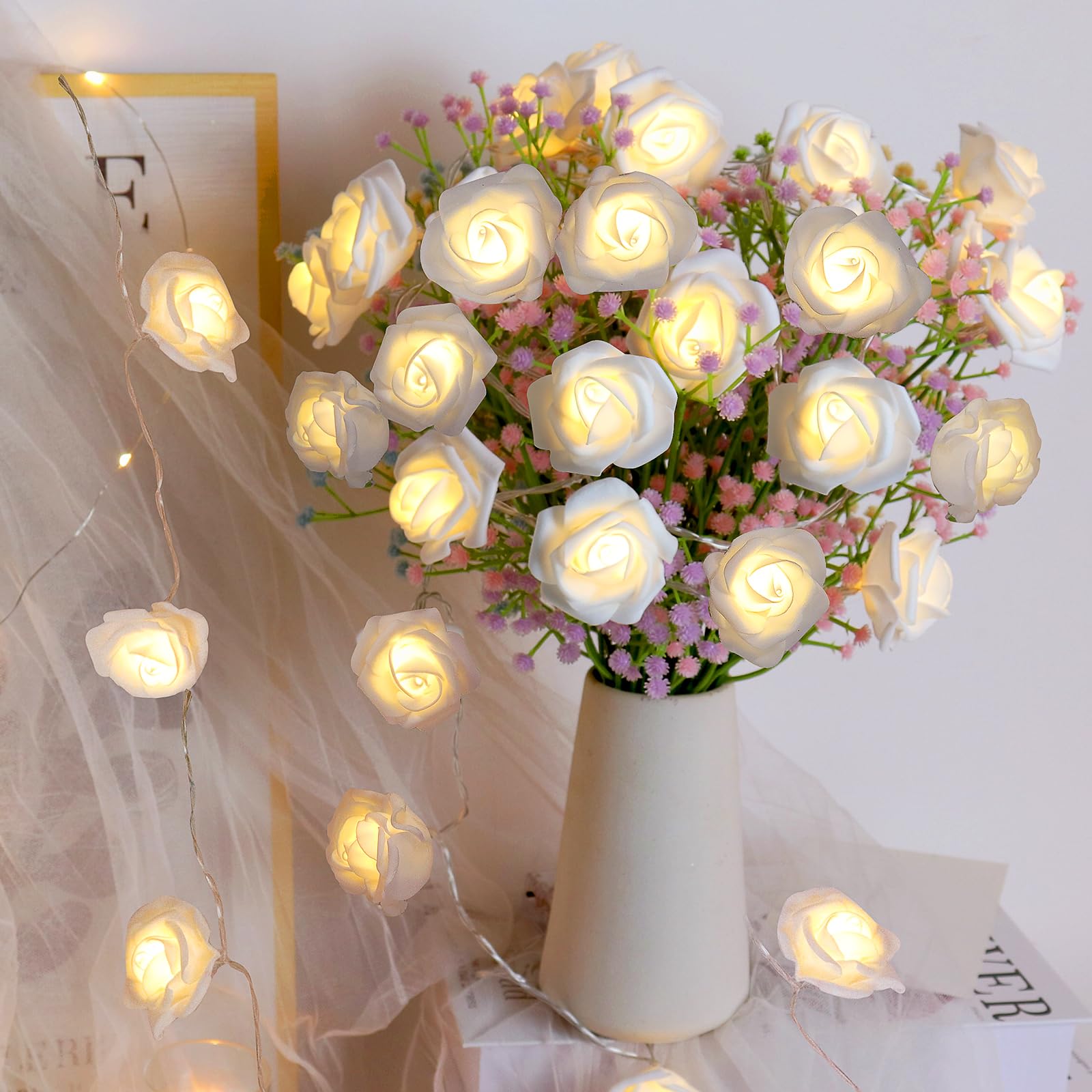 RECUTMS Rose Fairy String Lights,20LED Flower Battery Powered Light Gifts for Valentine's Day Mother's Day Wedding Home Bedroom Garden Party Christmas Thanksgiving Indoor Outdoor Decorations(White)