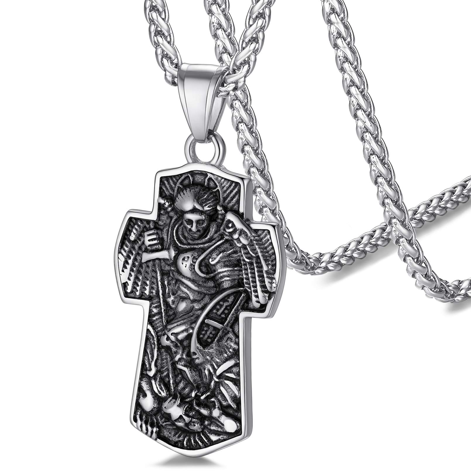 FaithHeart St.Michael Cross Pendant Protection Necklaces for Teen Boys Stainless Steel Archangel Saint Michael Jewellery - Extendable Long Chain 22"+2" Inch