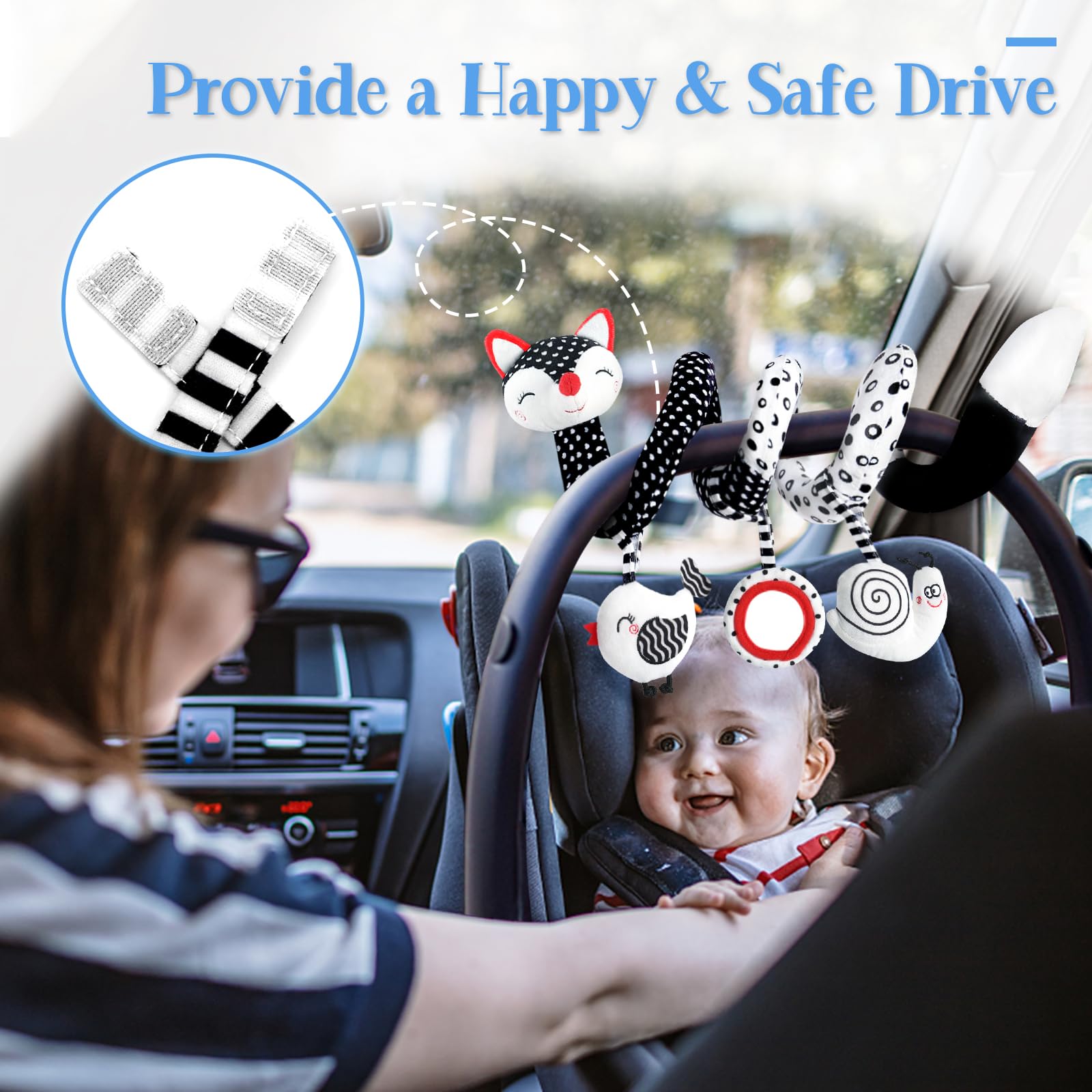 Car Seat Toys Baby Toys 0-3 Months Infant Toys Spiral Stroller Toys, Newborn Toys Black and White Baby Toys, High Contrast Baby Toys for Crib Mobile, Baby Toys Gift for 0 3 6 9 12 Months Girls Boys