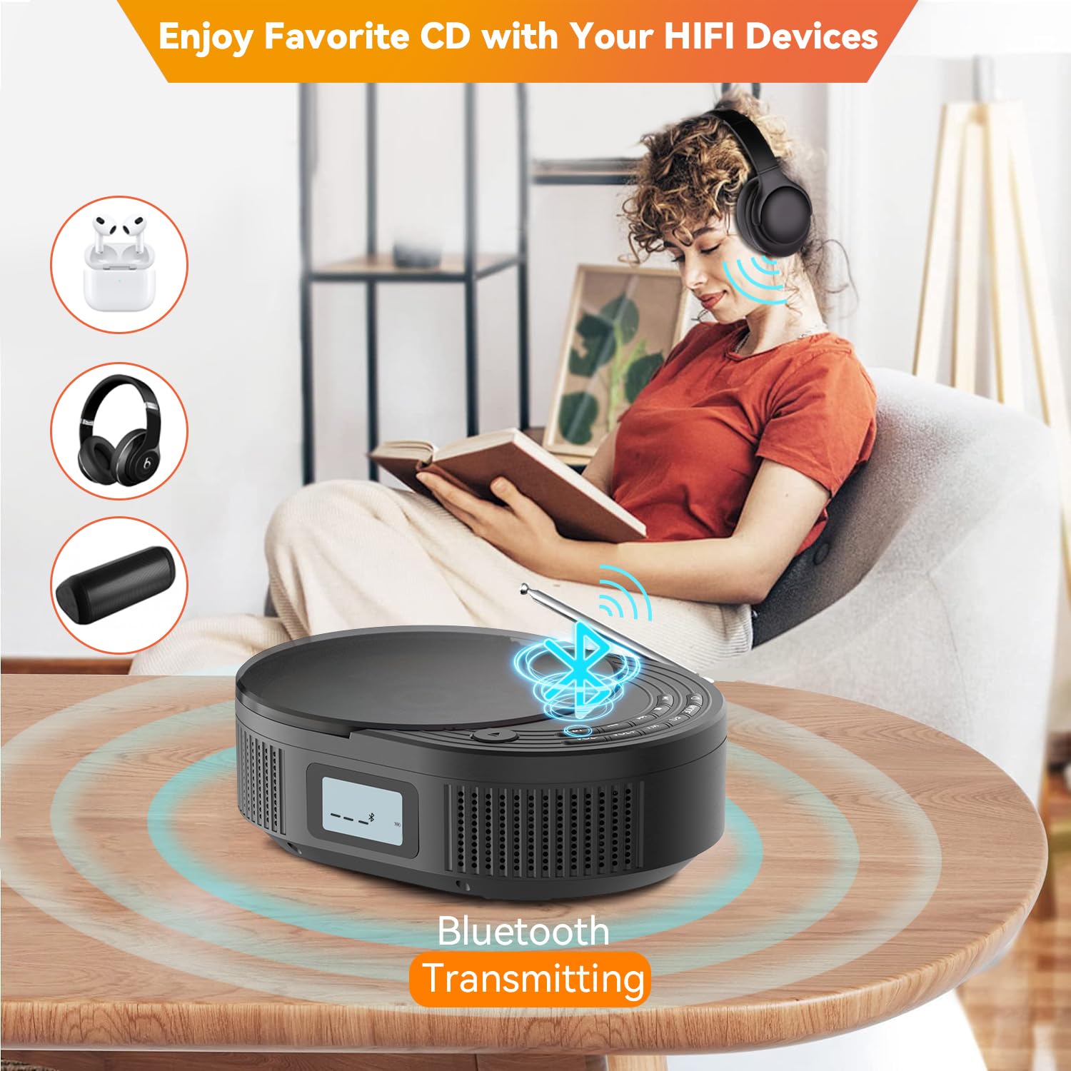 MONODEAL Portable CD Player Boombox with 2 * 3W Speakers, Bluetooth Transmitter & Speaker 2-in-1, FM Radio CD Player Combo for Car/Home, AUX/USB/MP3/WMA, Remote Control & Headphone Jack