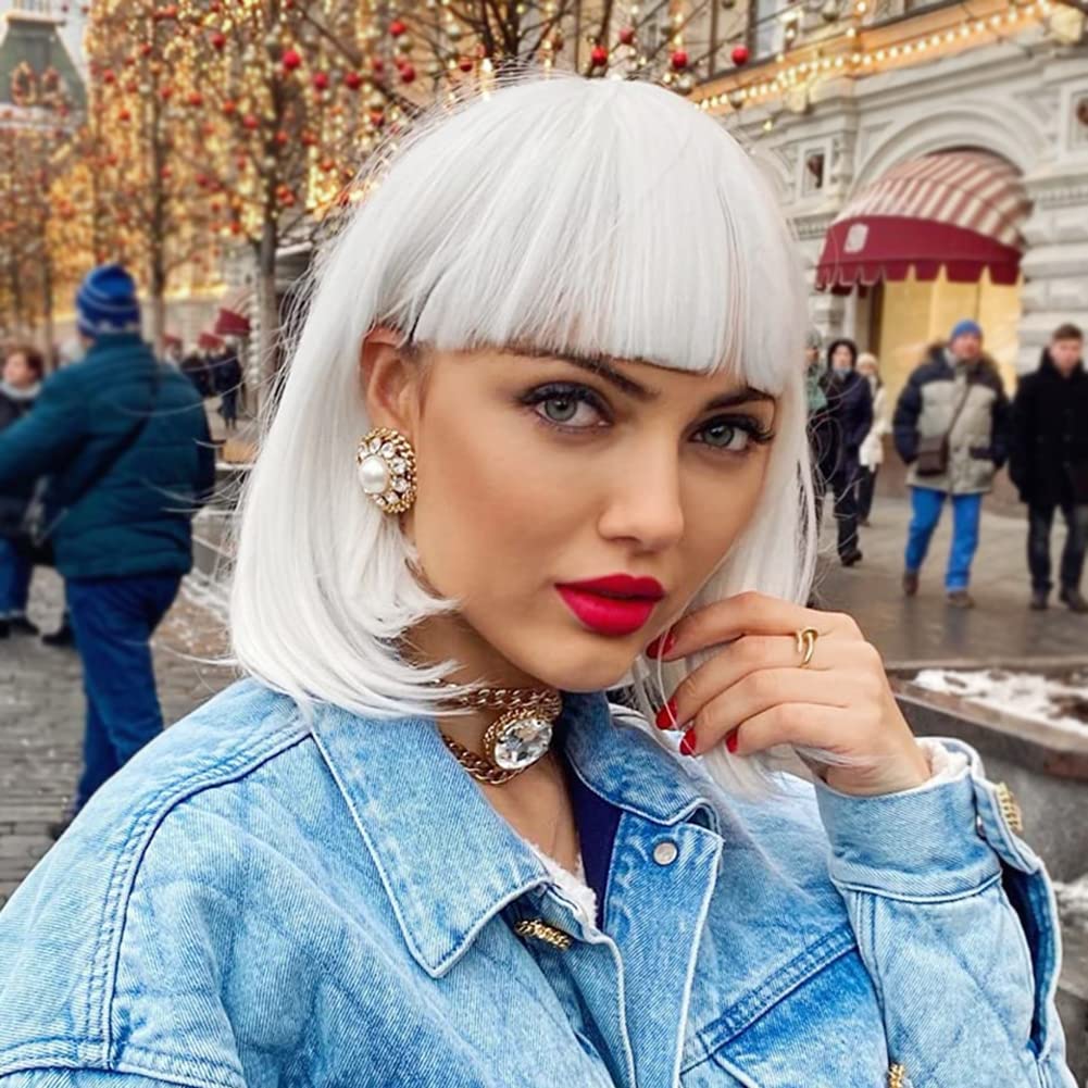 YEESHEDO Women's Short Bob Wigs Straight with Flat Bangs Colorful Hair Cosplay Party Halloween Costume Heat Resistant Replacement Wig for Ladies Synthetic Natural As Real Hair 12"(White)