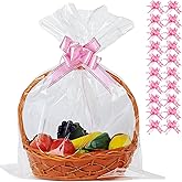 UltraOutlet 50 Packs Large Cellophane Bags 18" x 24" Clear Cellophane Gift Basket Wraps 2.3 Mil Thick Clear Cello Bags for Fruit Basket, Gift Wrap, Treats, Arts and Crafts, 50ct Ribbon Bows