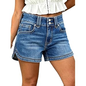 Flamingals Mid Waist Denim Shorts for Women Wash Dual Button Split Studded Casual Summer Trendy Jean Shorts with Pockets
