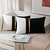 ZLINA Set of 2 Velvet Decorative Lumbar Pillow Covers Black White Patchwork with Gold Leather Pillow Covers 12 × 20 Inch Cushion Covers Decor Living Room Sofa Bedroom Car