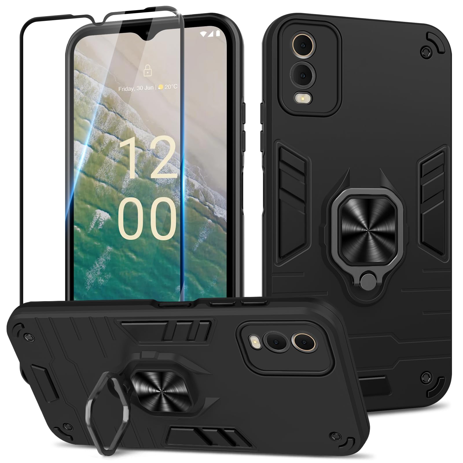 Btstring Case for Nokia C32 with Tempered Glass Screen Protector, Heavy Duty Personalised Case with Stand, Black