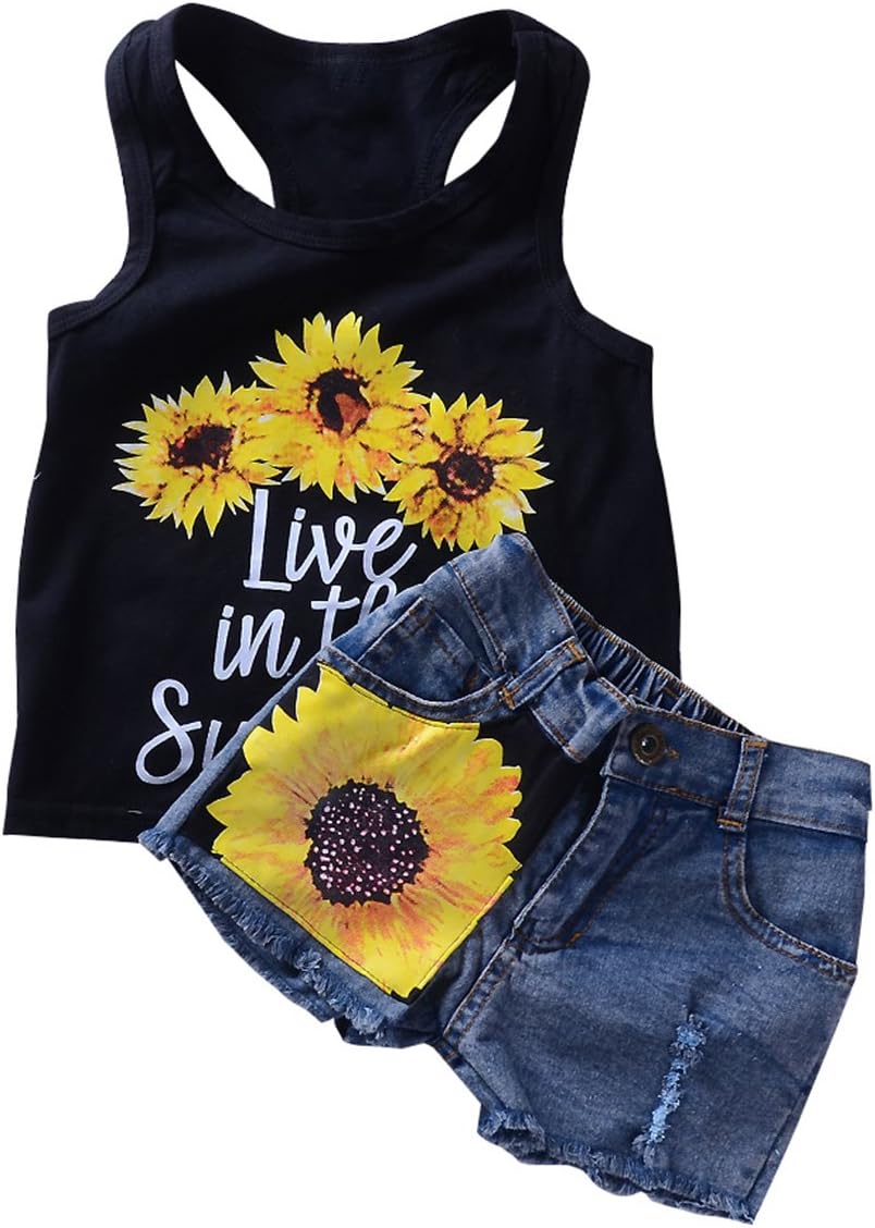 1-8T Toddler Girl Sleeveless Vest Tops +Floral Denim Shorts Outfits Set
