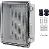 LuSumtly Waterproof Junction Box, ABS Plastic Electrical Box with Stainless Steel Latch, Hinged Cover Electric Project Enclosure Box with Mounting Plate, Wall Brackets & Cable Gland 8.7"x6.7"x4.3"
