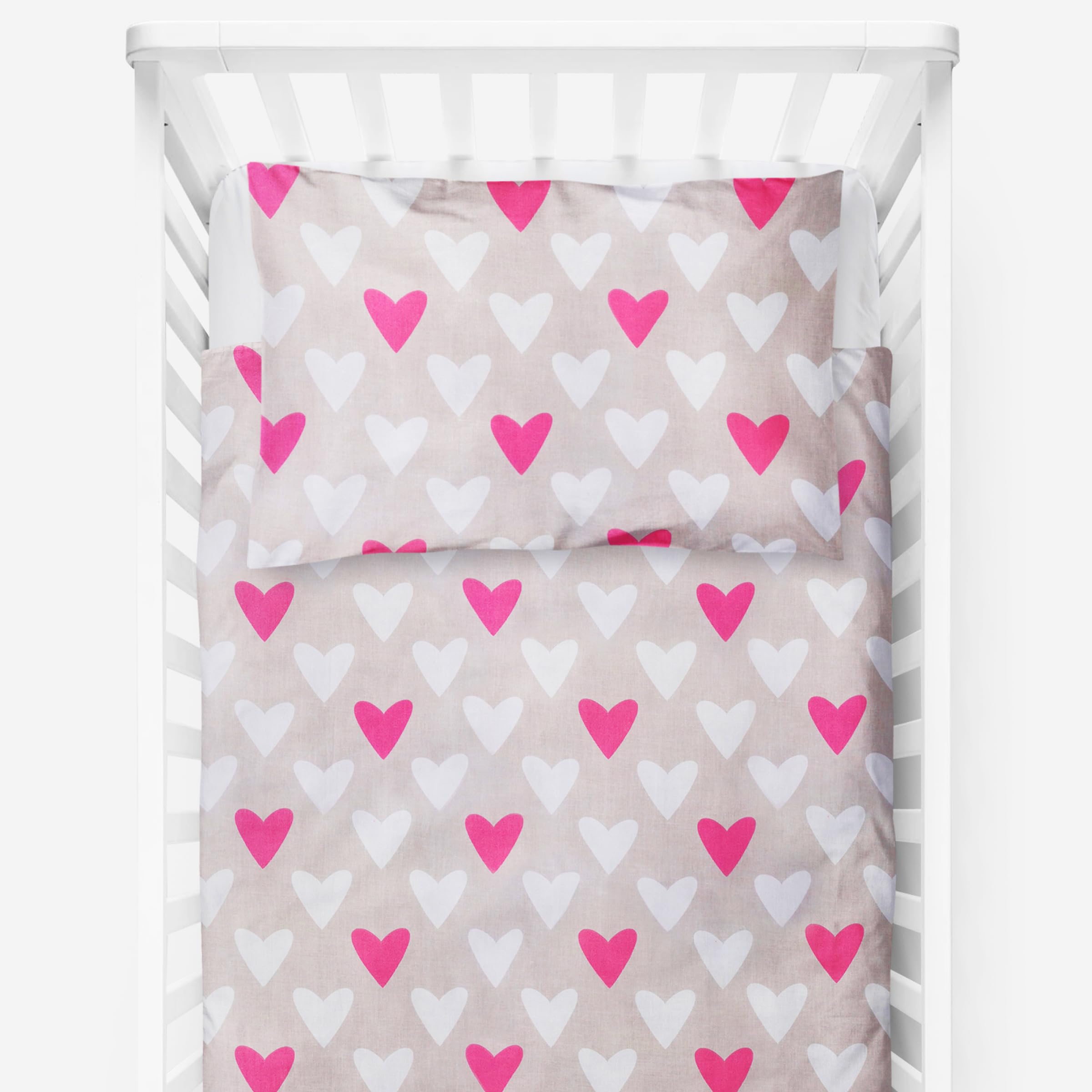 Baby Comfort 4 Piece Toddler Kids Cot Bed Set 120x90 cm Duvet Pillow Duvet Cover Pillowcase 12M+ (Pink Hearts)