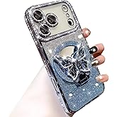 Changjia Magnetic Glitter Case for iPhone 17 Pro, [Compatible with MagSafe] Bling Sparkly Diamond with Camera Protector &Butterfly Kickstand &Makeup Mirror Women Girls Case for iPhone 17 Pro 6.3",Blue