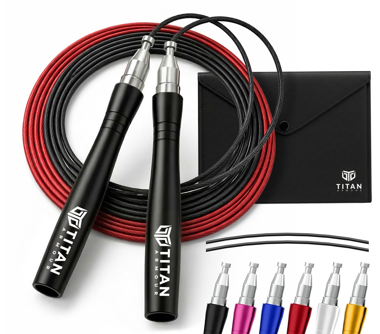 Titan Armour® Self-Locking & Adjustable, Adult Speed Skipping Rope | 2 x Steel Ropes 2.5mm & 3mm Thickness & Travel Case | Pro Jump Rope: Fitness, Crossfit, Boxing, MMA | UK Brand (Black-2)