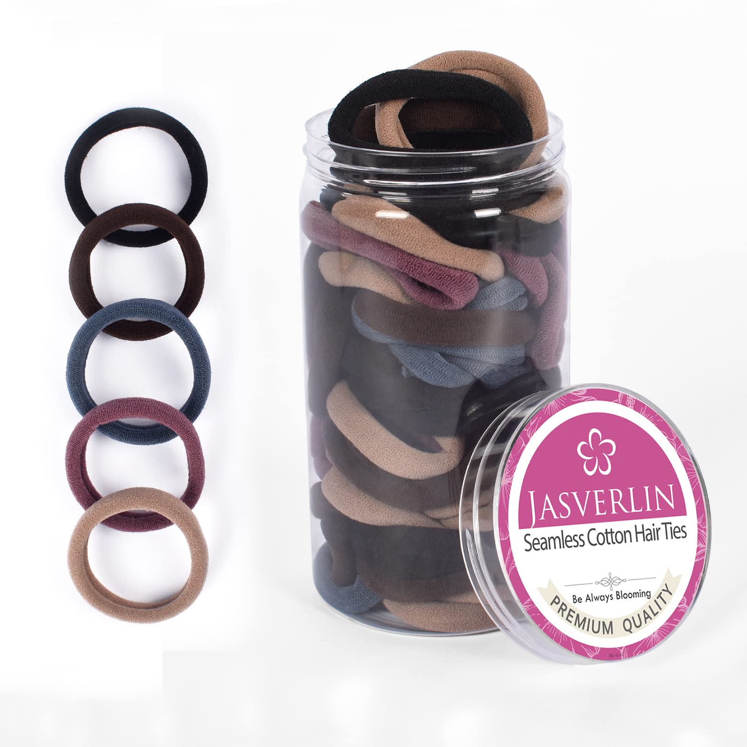 JASVERLIN 100 Pcs Dark Brown No Damage Hair Ties Cotton Ponytails Holders Seamless Soft Thick Hair Bands, Accessories for Women Girl 1 1/2 inch (Dark Neutral)