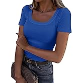 Roselux Women's Summer Scoop Neck Short Sleeve T-Shirts Ribbed Knit Slim Fitted Casual Basic Top