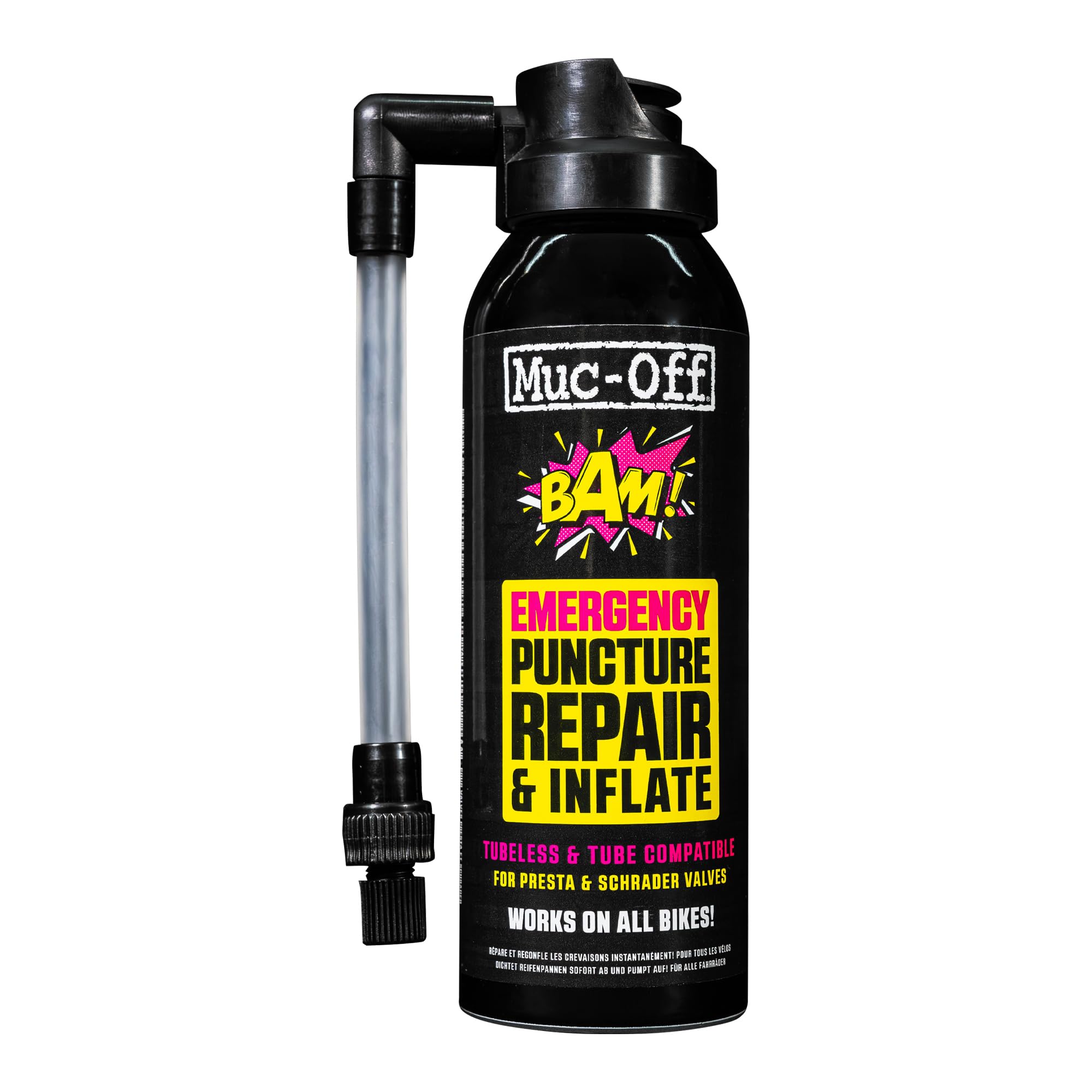 Muc-Off B.A.M! Instant Puncture Repair - Latex Foam Tyre Inflator for Tubeless, Road, MTB, and Gravel Bikes - Inflates and Seals up to 4mm - Presta & Schrader Compatible