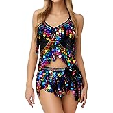 FEOYA Women's 2 Pcs Belly Dance Dress Sequins Tassel Hip Scarf with Halter Bra Top Set Latin Dance Halloween Costumes