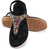 Ecetana Womens Sandals Dressy Flat with Bohemian Beaded Comfortable Casual Summer Slip On Ankle Elastic Thong Shoes