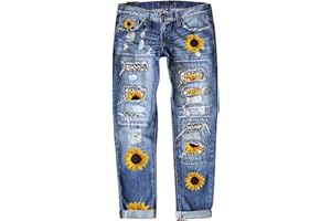 Astylish Womens Plaid Patch Ripped Boyfriend Distressed Stretch Skinny Denim Jeans with Hole