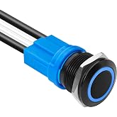 KWONONG LED Latching Push Button Switch, Aluminum Alloy, IP67 Waterproof 5-24V 20A 1NO, with Wire Socket Plug (1, Blue, 19mm)