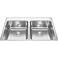 Kindred Creemore 33-in LR x 22-in FB x 8-in DP Drop In Double Bowl 4-Hole Stainless Steel Kitchen Sink, CDLA3322-8-4CBN