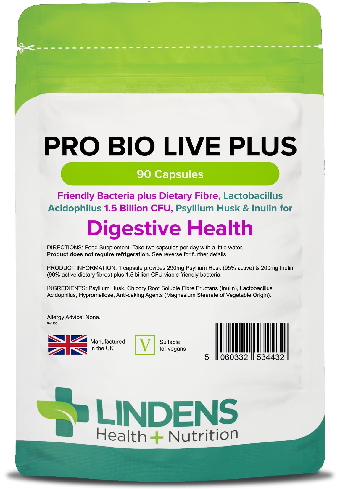 Lindens - Pro Bio Live Plus Dietary Fibre - 90 Capsules - UK Made - Lactobacillus Acidophilus, 1.5 Billion CFU with Psyllium Husk & Inulin, Healthy Digestion - Letterbox Friendly, Vegan