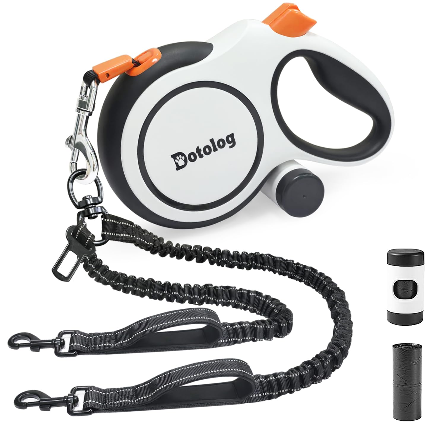 2-in-1 Retractable Dog Leash - Dotolog 26ft Extendable Lead with Bungee Leads for 2 Dogs, Elastic Leash with Dog Safety Harness Buckle, Retractable Lead 8m for Medium Large Dogs (White/Orange, 8m)