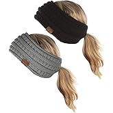 Funky Junque Ponytail Headwrap Ear Warmer Running Headband - Black & Heather Grey 2-Pack