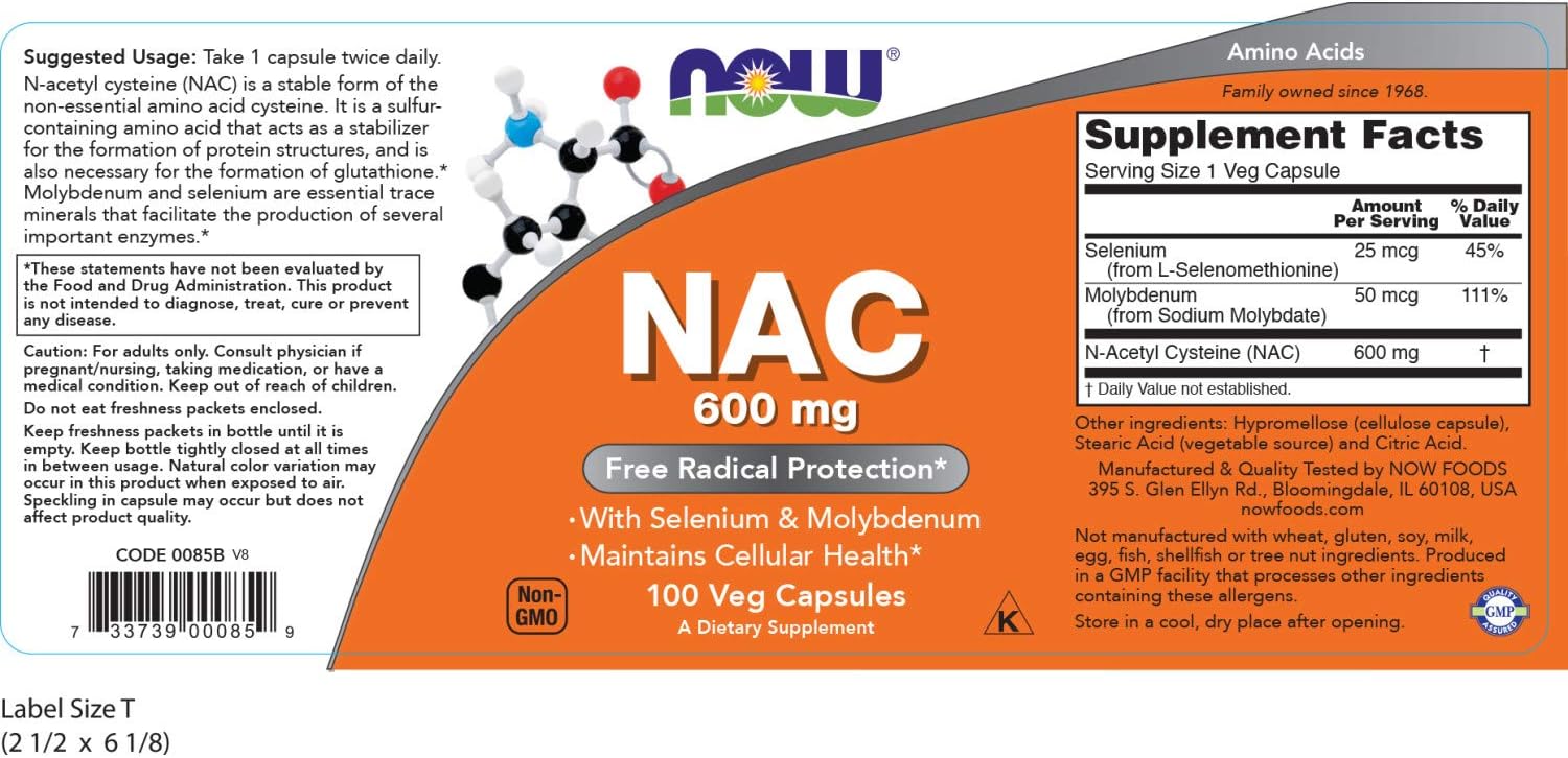 NOW Supplements, NAC (N-Acetyl Cysteine)600 mg with Selenium & Molybdenum, 100 Veg Capsules: Health & Personal Care