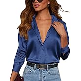 Neweek Satin Blouses for Women Dressy Casual Button Down Silk Shirts Business Work Tops
