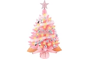 HOMDAILY Small Pink Christmas Tree with Lights, 2ft Artificial Mini Tabletop Christmas Tree Decorations with Star Tree Topper, Balls Ornaments, Gift Pack, 30 Pcs Mini DIY Xmas Trees for Toddler, Kids