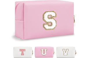CHAOGREAT Personalized Initial A-Z Preppy Patch Makeup Bag,Small PU Chenille Letter Cosmetic Bag with Zipper for Teen Girls,Pink Cute Toiletry Organizer Bag,Monogram Makeup Case Gift for Women Girls,Letter S