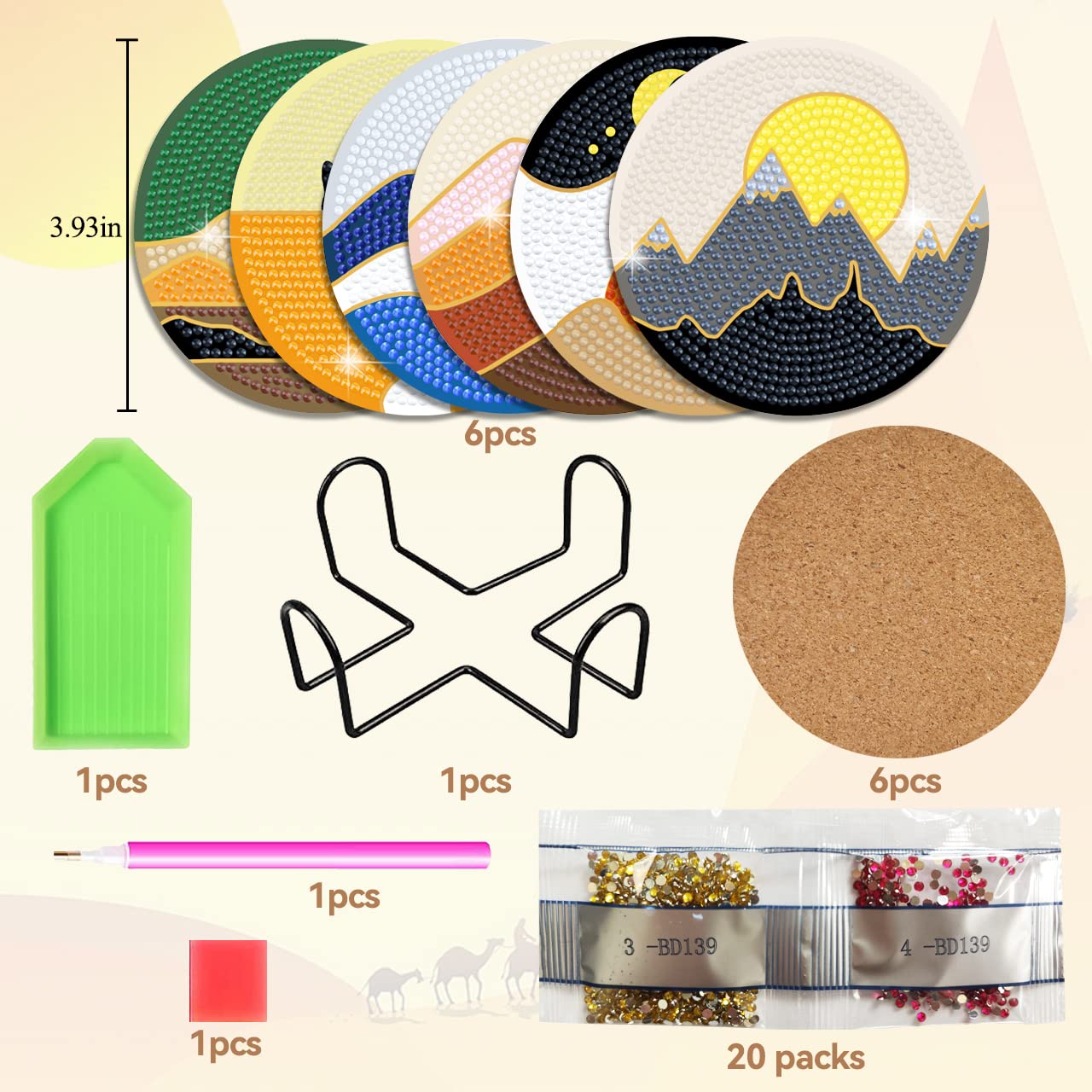Vcekract Diamond Painting Coasters, 6 Pcs Abstract Landscape Diamond Painting Coasters with Holder, Diamond Art Kits for Adults