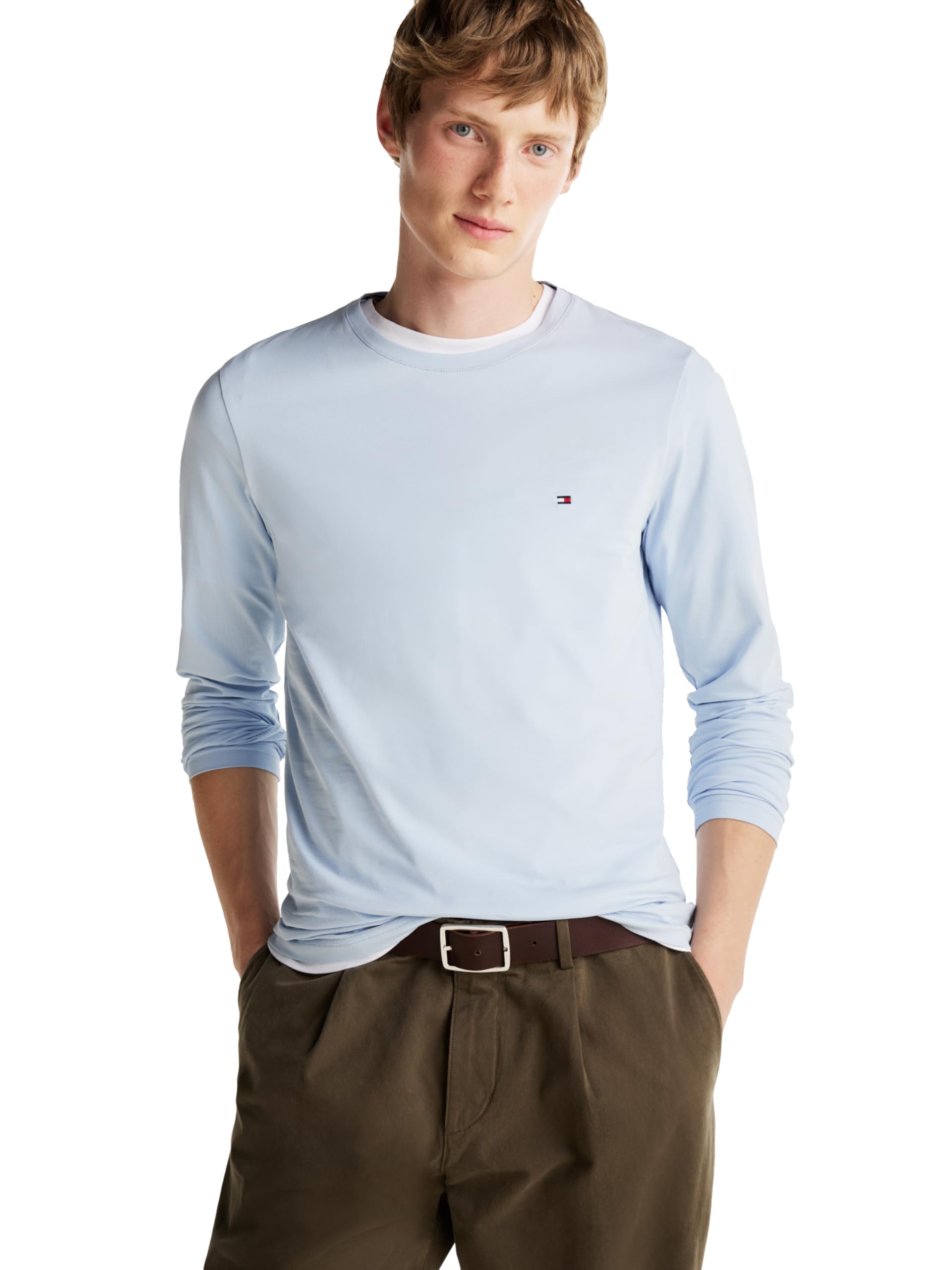 Tommy Hilfiger Men's Stretch Slim Fit Long Sleeve Tee Breezy Blue Image