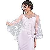 YAEISM White Wedding Cape Shawl Elegant Flower Pearl Bride Shawl Wrap Tulle Sheer Dress Cover Up Capelet for Women Girls