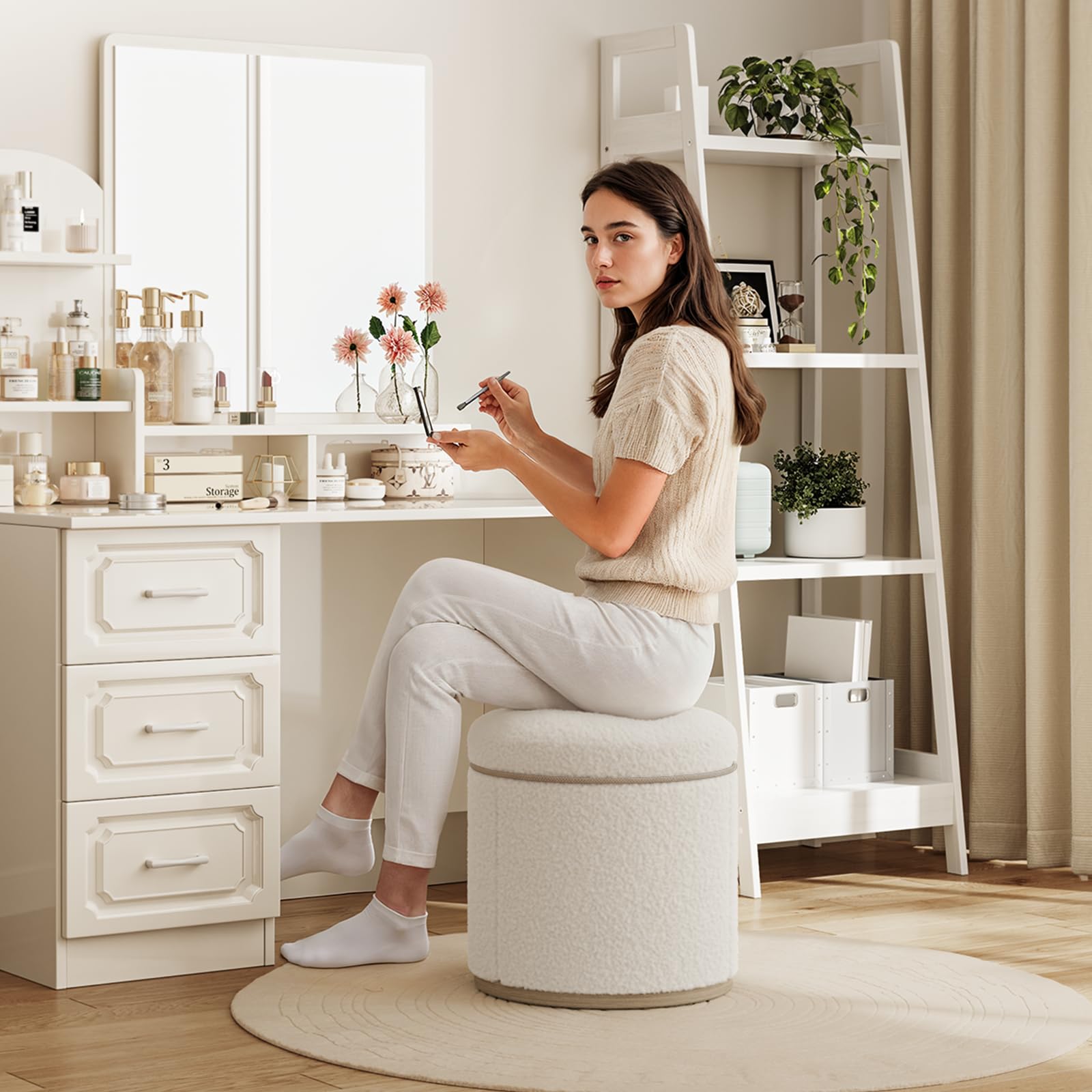 ONBRILL Round Ottoman with Storage, Ottoman Foot Rest, Boucle Small Ottoman, Foot Stool, Vanity Stool, Upholstered Sherpa Ottoman Support 250 lbs for Living Room, Bedroom, White - Image 3