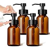 GMISUN Foaming Soap Dispenser, 4 Pcs 8.5 Fl oz Amber Glass Foam Hand Soap Dispenser for Bathroom & Kitchen, Refillable Hand Soap Foam Dispensers, Modern Amber Glass Pump Bottle with Waterproof Labels