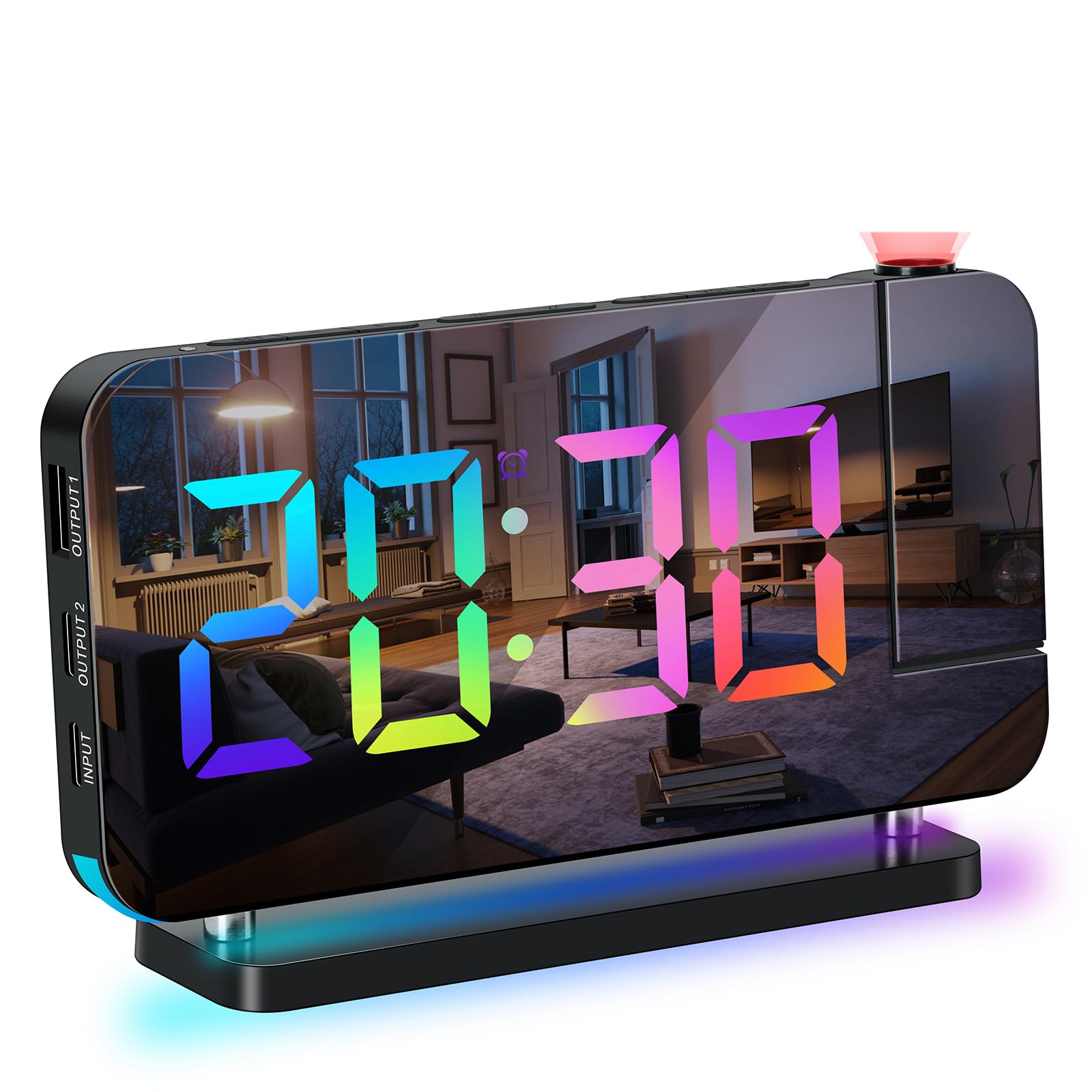ThreeH Digital Rainbow Alarm Clock Projection Clock Large LED Mirror Display Colorful Night Light Dual USB Charging Ports Snooze Function Dimming Adjustable Volume Black