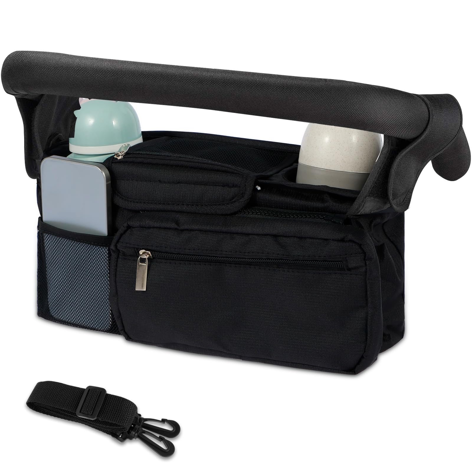 Baby Stroller Organizer with 2 Cup Holder Waterproof Oxford Pram Caddy Bag with Detachable Phone Pocket Adjustable Shoulder Strap Pushchair Organiser Portable for Stroller Travel Accessories(Black)