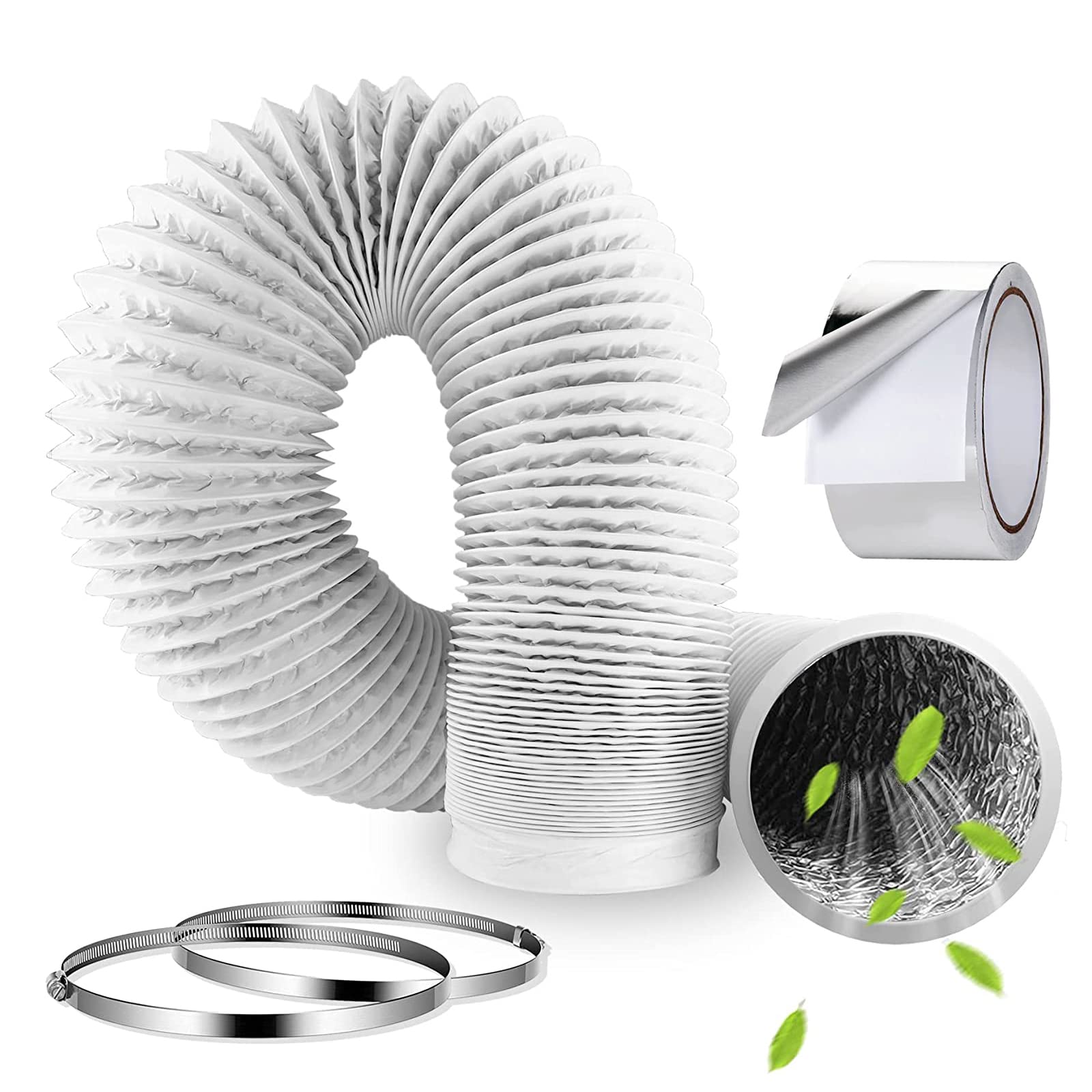 AKOLAFE 16FT (5m) Tumble Dryer Hose, 100mm Flexible Ducting 4Inch Dryer Vent Hose White Aluminum 100mm Ducting for HVAC Ventilation Cooker Hood Extractor Fan Air Conditioner