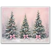 Elegant Coquette Christmas Tree Art Print with Pink Bow, Winter Pine Tree Forest Painting, Feminine Holiday Wall Art for Living Room, Bedroom, or Office, Festive Christmas Decor 12x16in Unframed