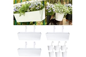 LOVOUS 3 Pcs 16 Inch Railing Planter and 6 Pcs 5 Inch Hanging Flower Pots with Detachable Hooks for Balcony Fence Garden Yard Patio Porch Home Decor,White