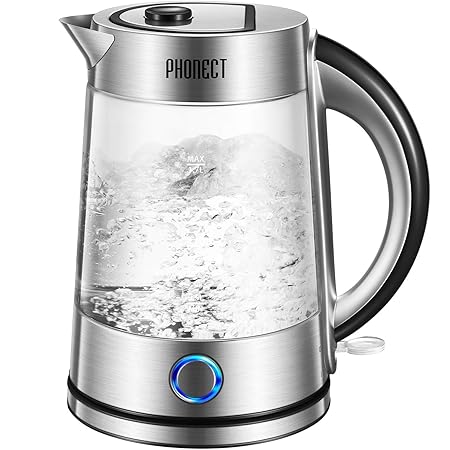 Glas Wasserkocher 1,7 Liter Wasserkocher mit LED-Beleuchtung, 2200 Watt Elektrischer Wasserkocher, Trockenlaufschutz, BPA Fre