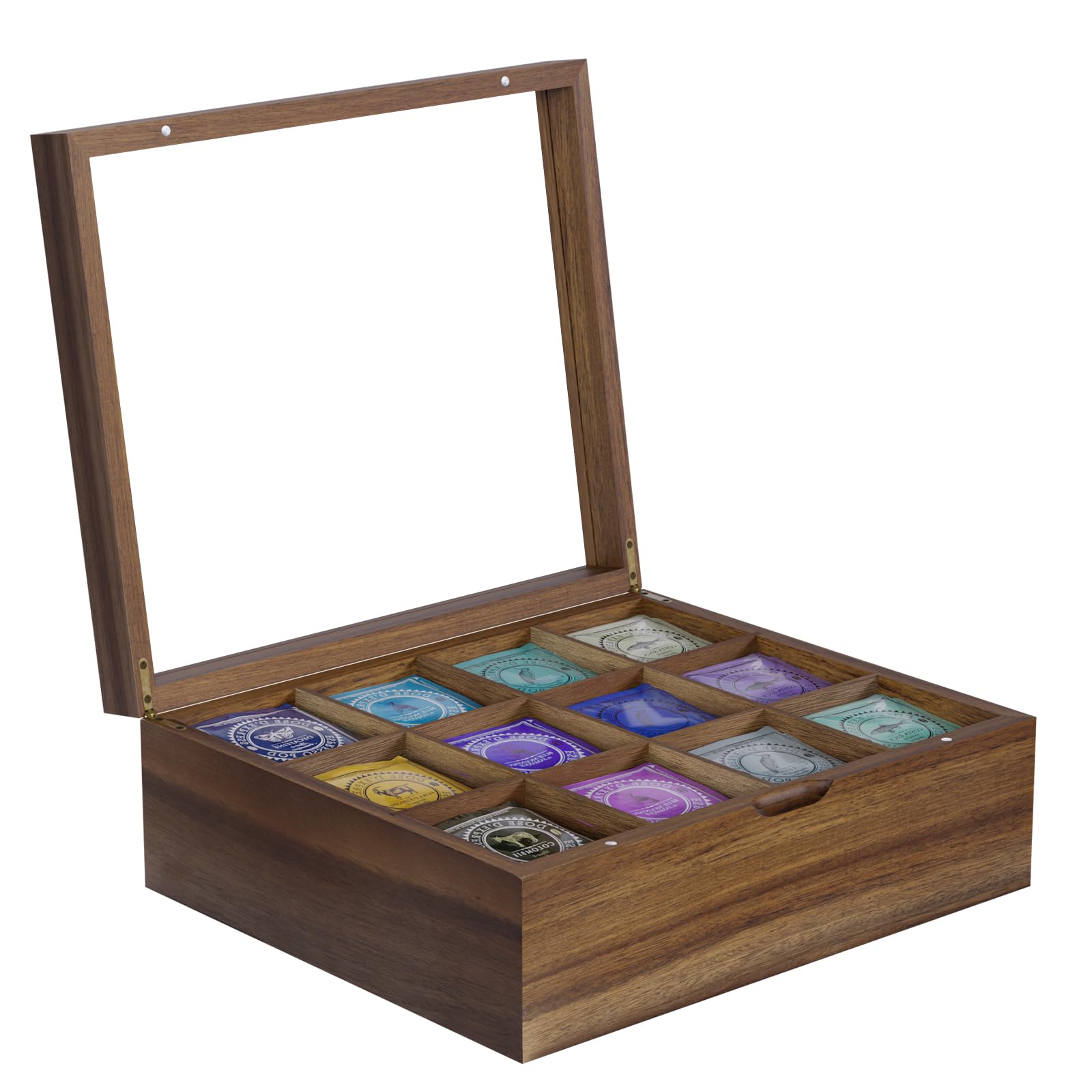Photo 1 of SeekElegant Acacia Tea Box Organizer Storage Box, 12 Compartments Wood Tea Organizer for Tea Bags, Tea Bag Holder Organizers with Clear Acrylic Window, Magnetic Lid and Removable Dividers